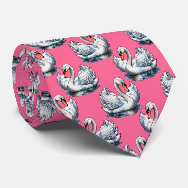 Swan Birds Pattern Design On Pink Neck Tie (Rolled)