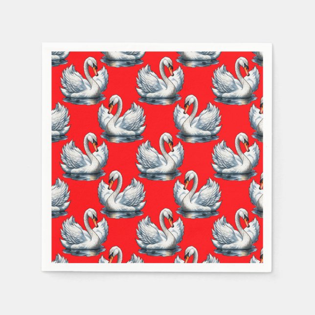 Swan Birds Pattern Design on Red Napkins (Front)