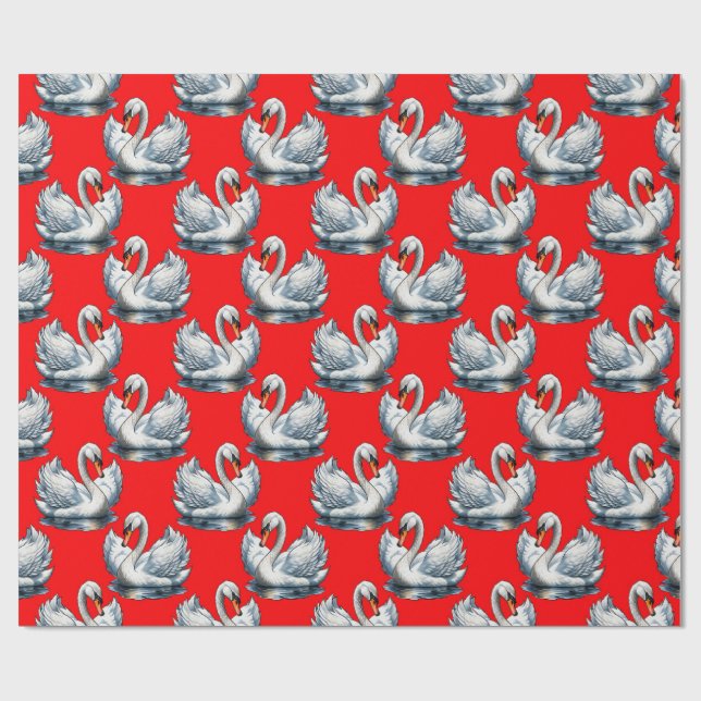 Swan Birds Pattern Design on Red Wrapping Paper (Flat)