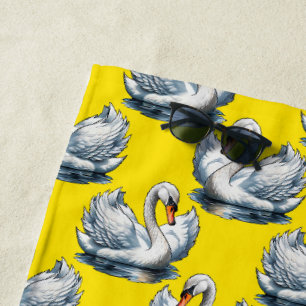 Swan Birds Pattern Design On Yellow Beach Towel