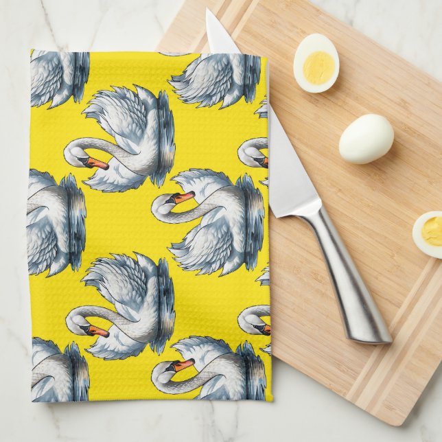 Swan Birds Pattern Design On Yellow  Kitchen Towel (Quarter Fold)