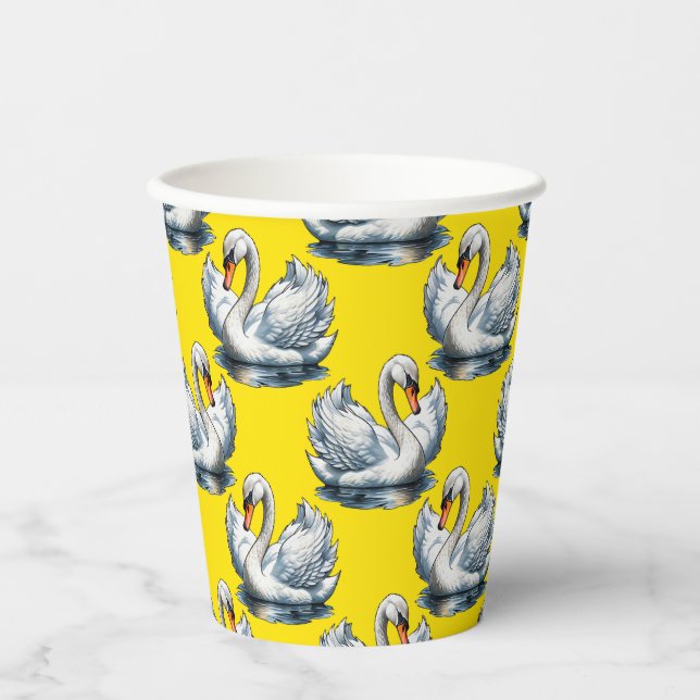 Swan Birds Pattern Design On Yellow  Paper Cups (Front)