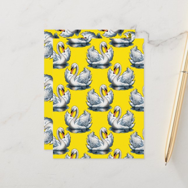 Swan Birds Pattern Design On Yellow  Postcard (Front/Back In Situ)