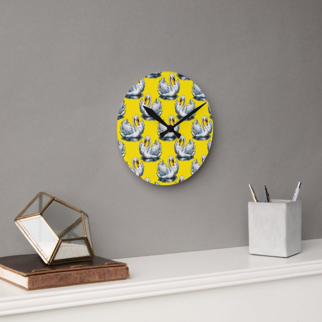 Swan Birds Pattern Design On Yellow  Round Clock (Office)