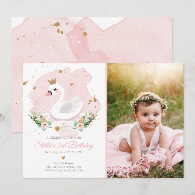 Swan Birthday Invitation Girl Princess Pink Gold (Front/Back)