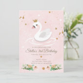 Swan Birthday Invitation Girl Princess Pink Gold (Standing Front)
