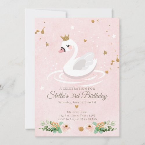 Swan Birthday Invitation Girl Princess Pink Gold