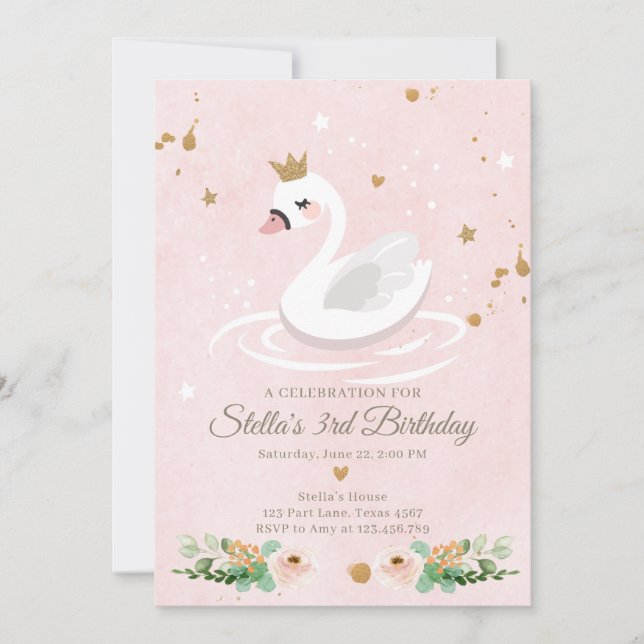 Swan Birthday Invitation Girl Princess Pink Gold (Front)