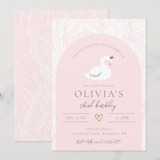 Swan Birthday Invitation | Swan Invitations (Front/Back)