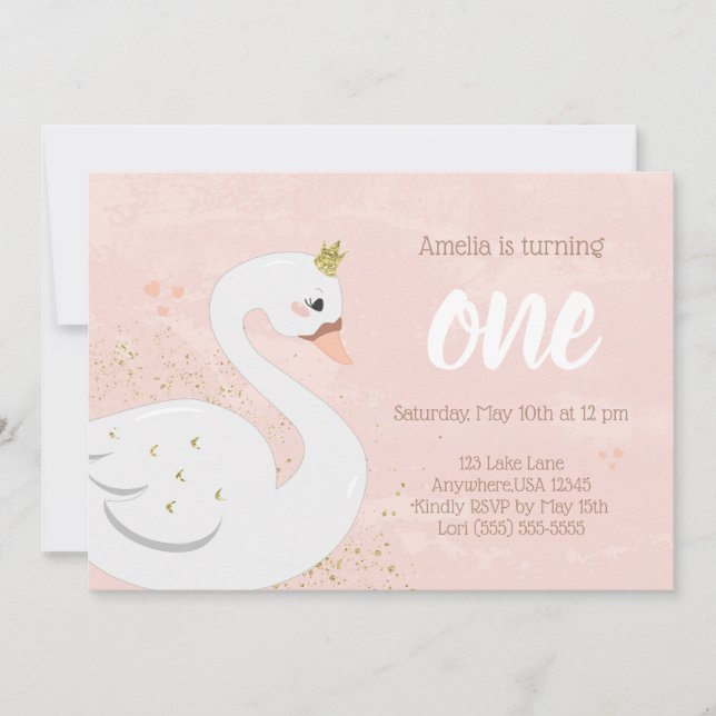 Swan Birthday Party Invitation |  Pink and Gold (Front)
