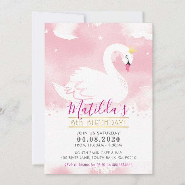 SWAN BIRTHDAY PARTY INVITE pretty tiara gold pink (Front)