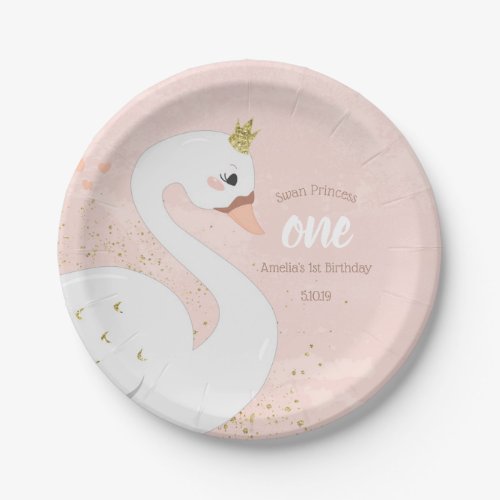 Swan Birthday Party Paper Plate   Pink and Gold