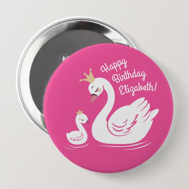 Swan Birthday Party Pink Button (Front & Back)