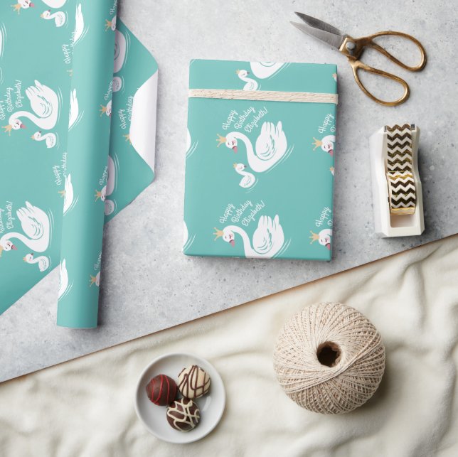 Swan Birthday Party Teal Wrapping Paper (Crafts)