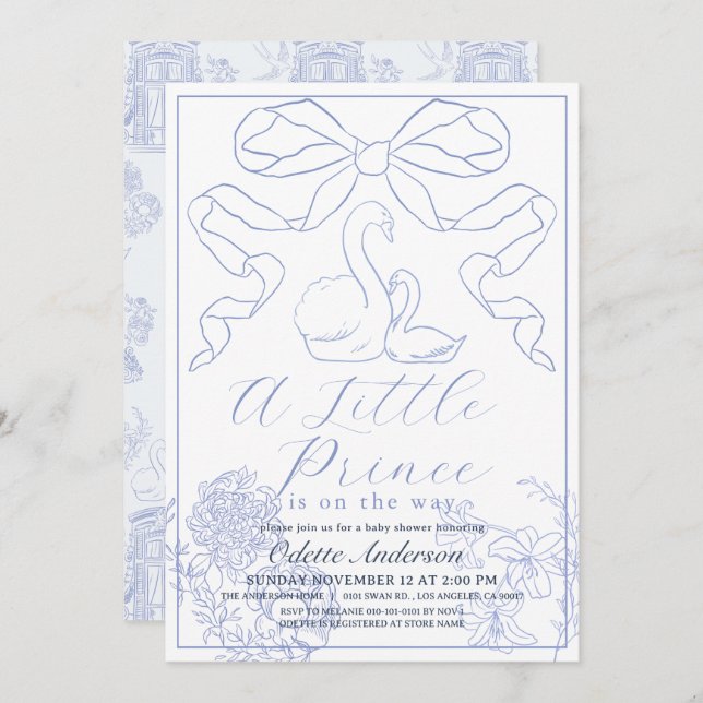 Swan Blue Toile de Jouy Boy Baby Shower Invitation (Front/Back)
