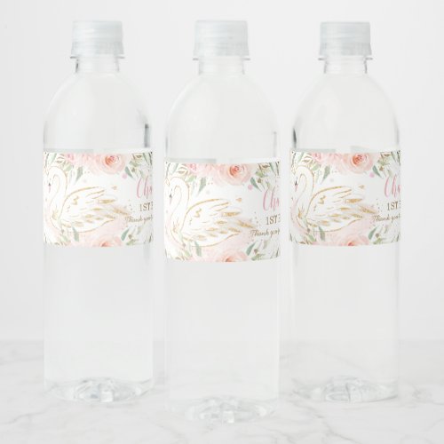 Swan Blush Floral Baby Shower Birthday Party  Water Bottle Label