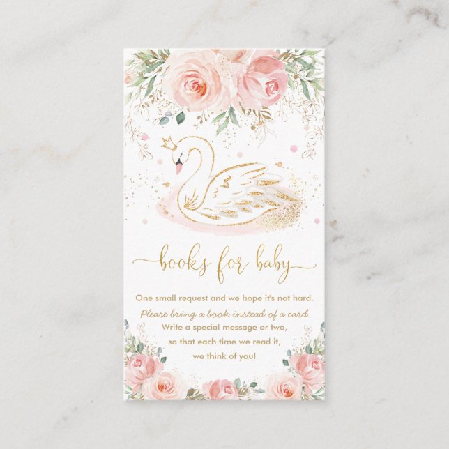 Swan Blush Pink Floral Baby Shower Books for Baby  Enclosure Card (Front)