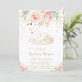 Swan Blush Pink Floral Gold Girl Baby Shower Invitation (Standing Front)