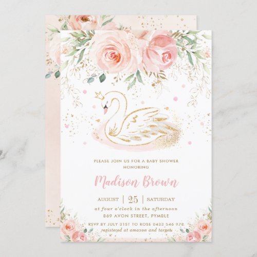 Swan Blush Pink Floral Gold Girl Baby Shower Invitation