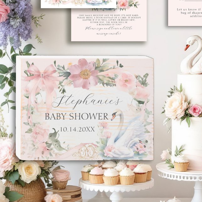 Swan Blush Pink Ribbon Floral Elegant Baby Shower Wooden Box Sign (Creator Uploaded)