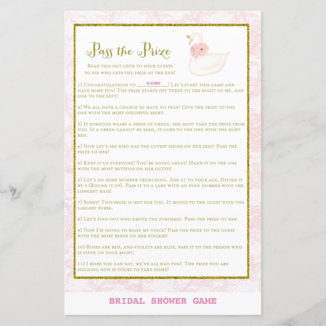 Swan Bridal Shower Game PRINTED (Front)