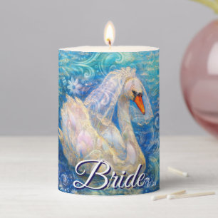 Swan Bride w/Veil on Water Blue White Personalized Pillar Candle