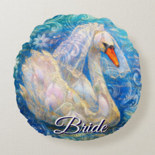 Swan Bride w/Veil on Water Blue White Personalized Round Pillow