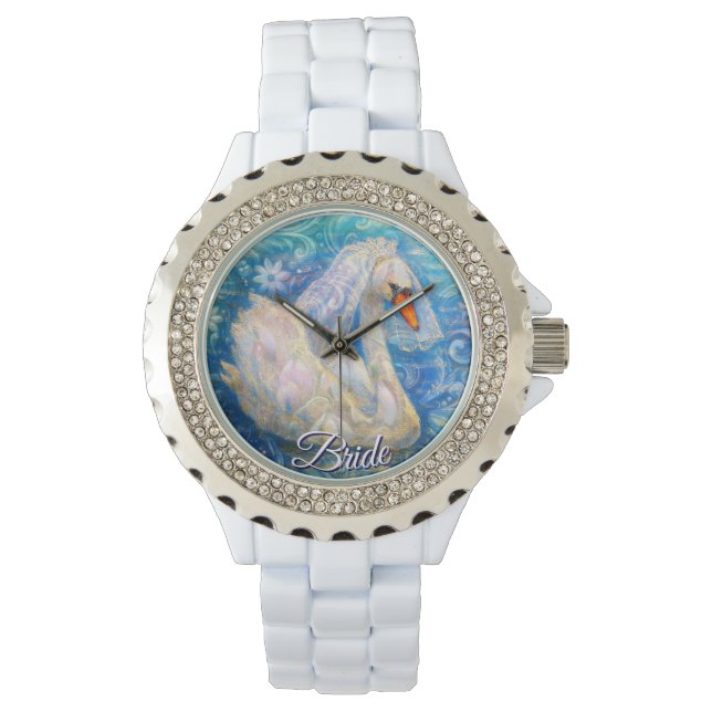Swan Bride w/Veil on Water Blue White Personalized Watch (Front)