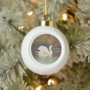 Swan Ceramic Ball Christmas Ornament