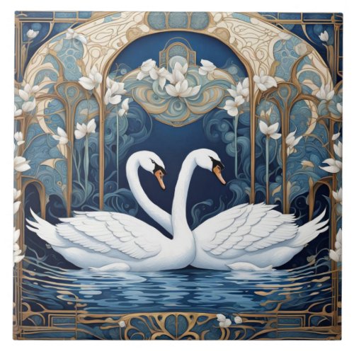 Swan Couple Art Nouveau Bird Art Deco Blue Ceramic Tile