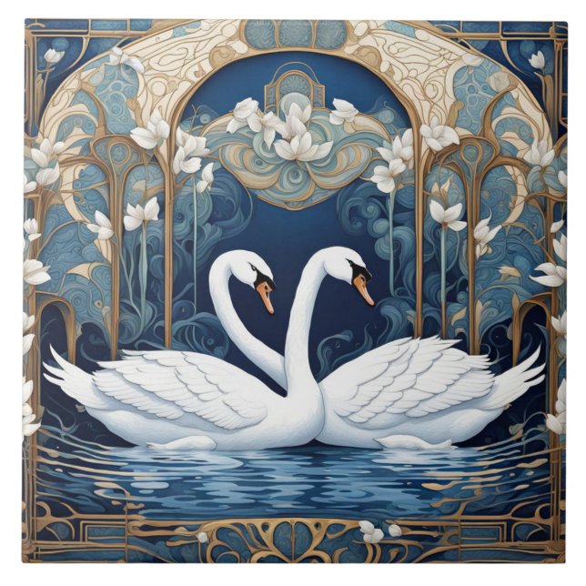 Swan Couple Art Nouveau Bird Art Deco Blue Ceramic Tile (Front)