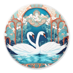 Swan Couple Art Nouveau Bird Turquoise Aqua Blue Ceramic Knob