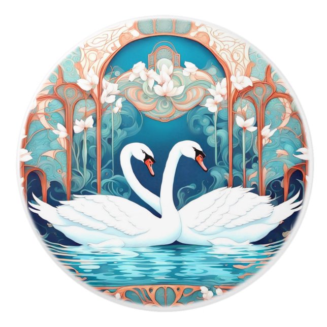 Swan Couple Art Nouveau Bird Turquoise Aqua Blue Ceramic Knob (Front)