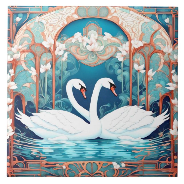 Swan Couple Art Nouveau Bird Turquoise Aqua Blue Ceramic Tile (Front)
