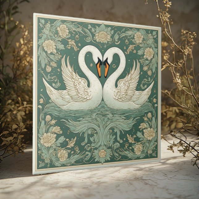 Swan Couple Art Nouveau Decorative Wall Accent Ceramic Tile (Swan Couple Art Nouveau Decorative Wall Accent Ceramic Tile)
