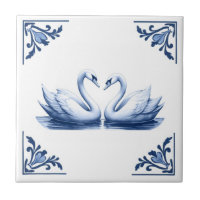 Swan Couple Delft Blue and White Floral Corners