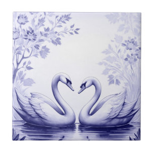 Swan Couple Delft Blue and White Swan Lake Bird Ceramic Tile