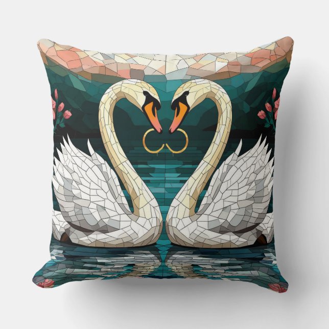 Swan Couple Forming Heart Shape Throw Pillow (Front)