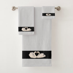 Swan Couple on Black & Light Silver Gray Bath Towel Set