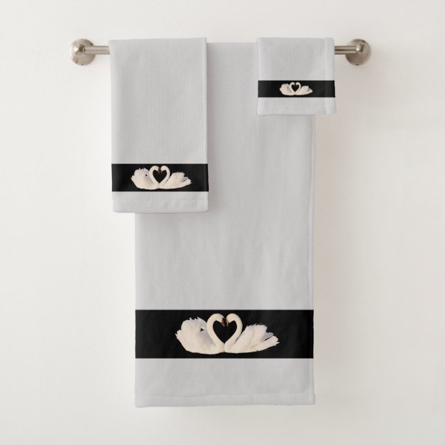 Swan Couple on Black & Light Silver Gray  Bath Towel Set (Insitu)