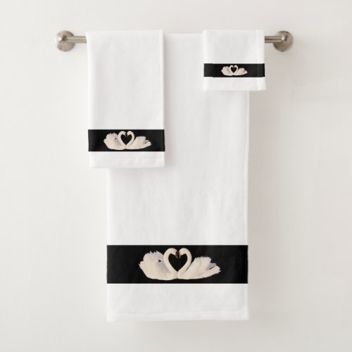 Swan Couple on Black  White Bath Towel Set