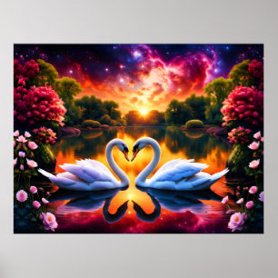 Swan couple Valentine heart under a starry nebula Poster