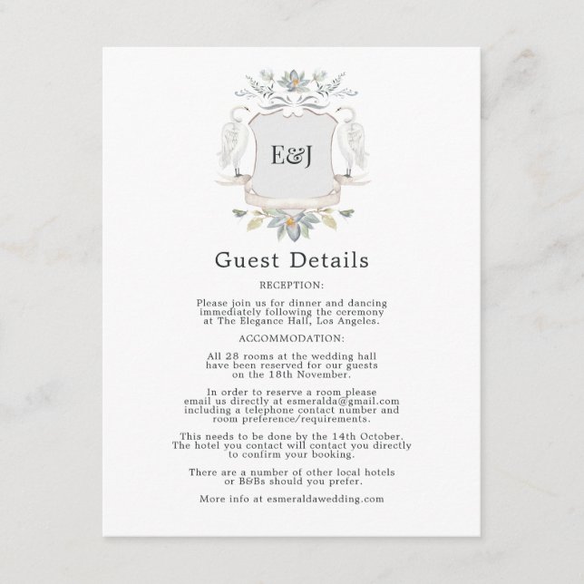 Swan Crest Elegant Lake Wedding Guest Details Enclosure Card (Front)