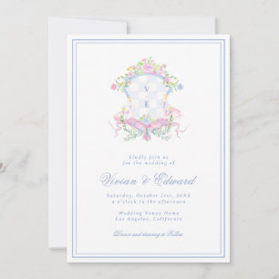 Swan Crest Monogram Coastal Blue Wedding Invitation