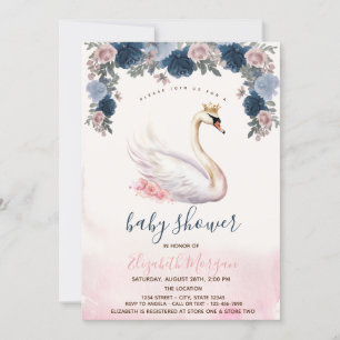 Swan Crown Flowers Pink Stripes Baby Shower Invitation