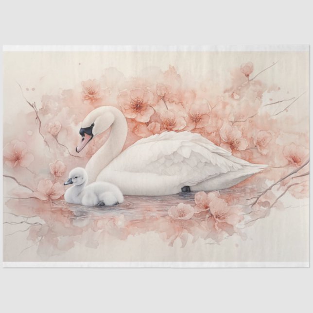 Swan Cygnet and Blush Pink Flowers Decoupage Tissue Paper (Front)
