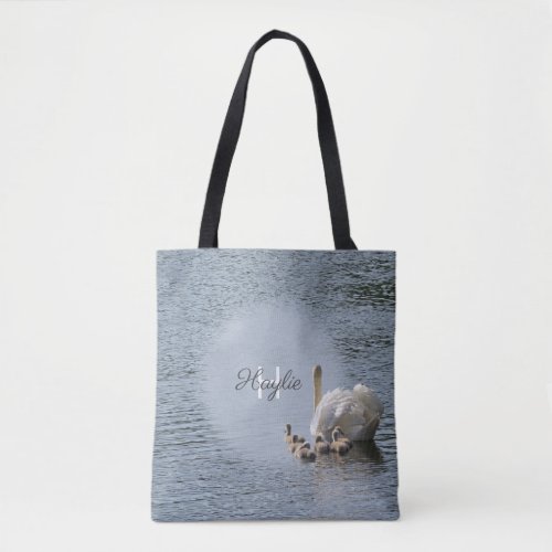 Swan  Cygnets Blue Monogram Tote Bag