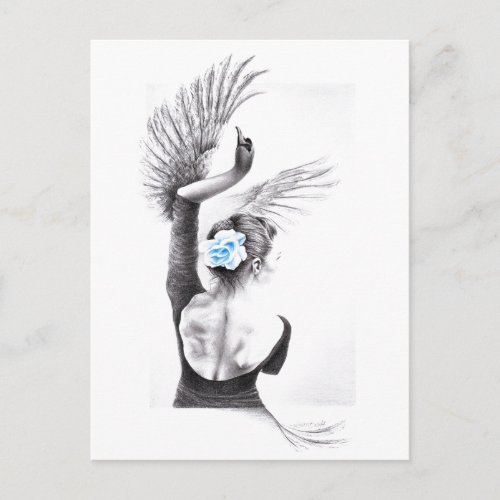 Swan dancing woman ballet Surreal drawing art Postcard