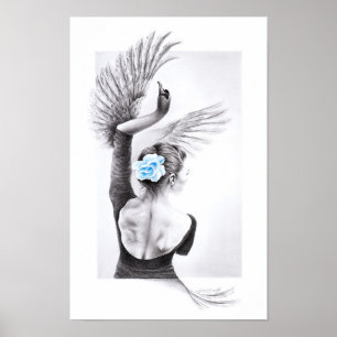 Swan dancing woman ballet Surreal drawing art Poster