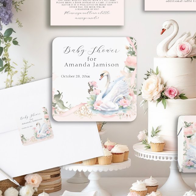Swan Elegant Floral Blush Pink Ribbon Baby Shower Square Sticker (Creator Uploaded)